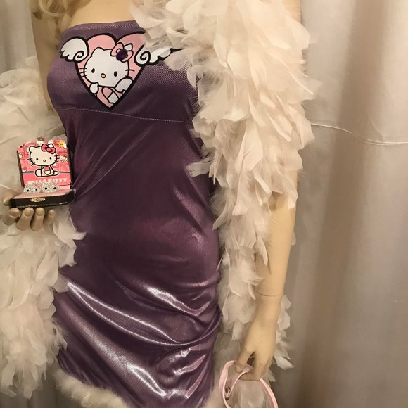 🍭vinatge y2k custom hello kitty dress with feathered trim and crystal earings ! - Picture 6 of 11